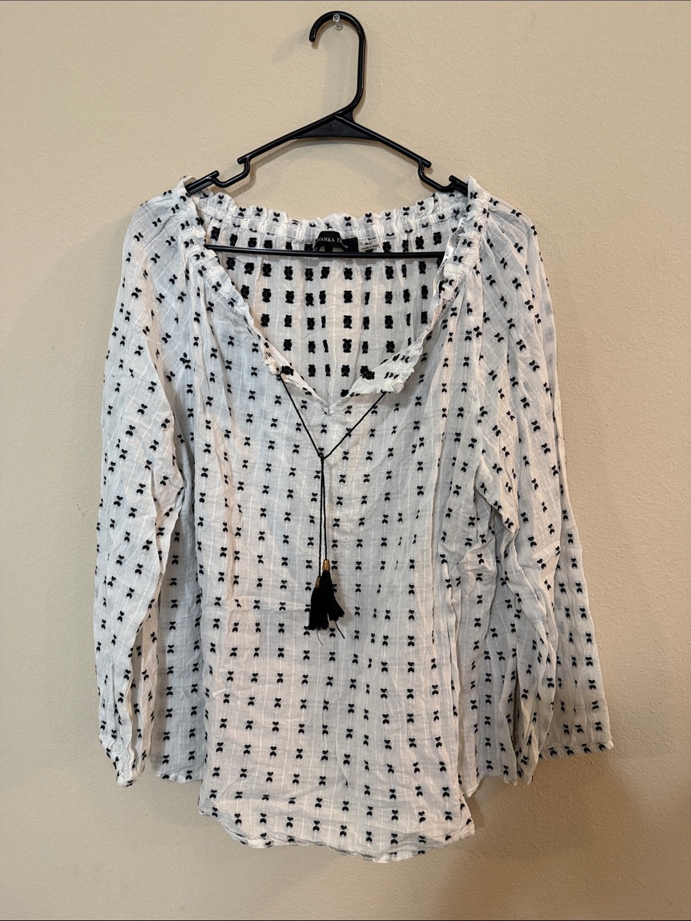 Ivanka Trump White Tunic with Black Tassel & Ditsy Embroidery